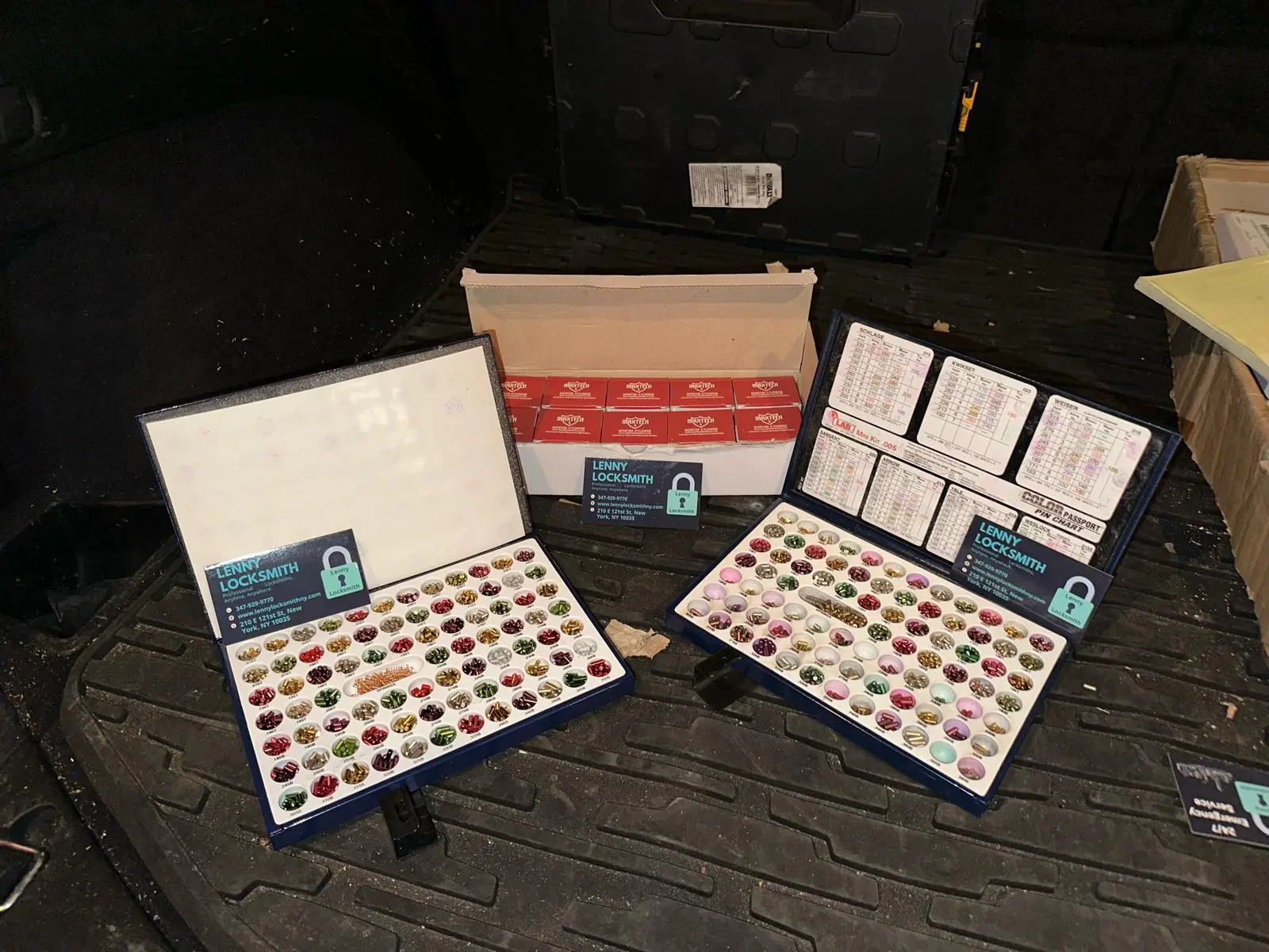 Lenny Locksmith color-coded pin kits with Schlage and Kwikset charts