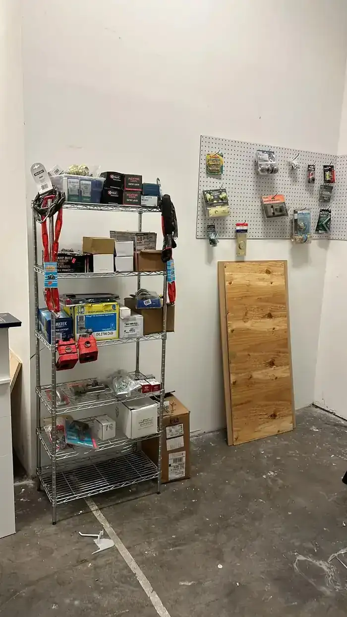 Lenny Locksmith shop — lock inventory on display
